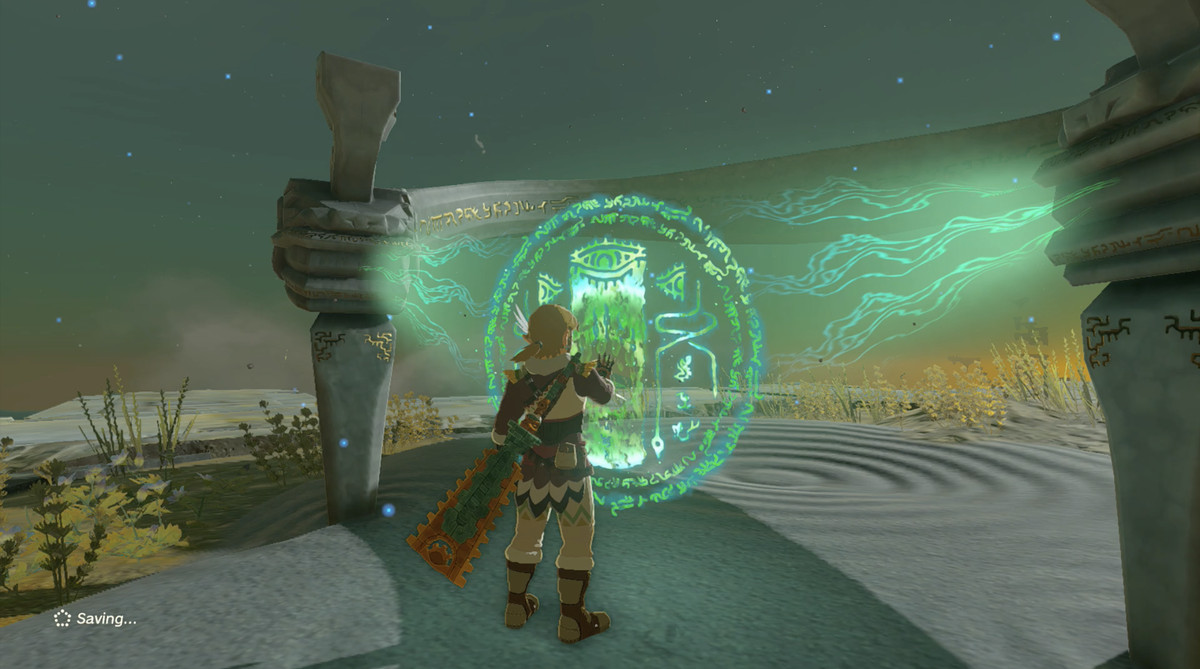 Link interagerar med en helgedom med sin magiska hand i The Legend of Zelda: Tears of the Kingdom.