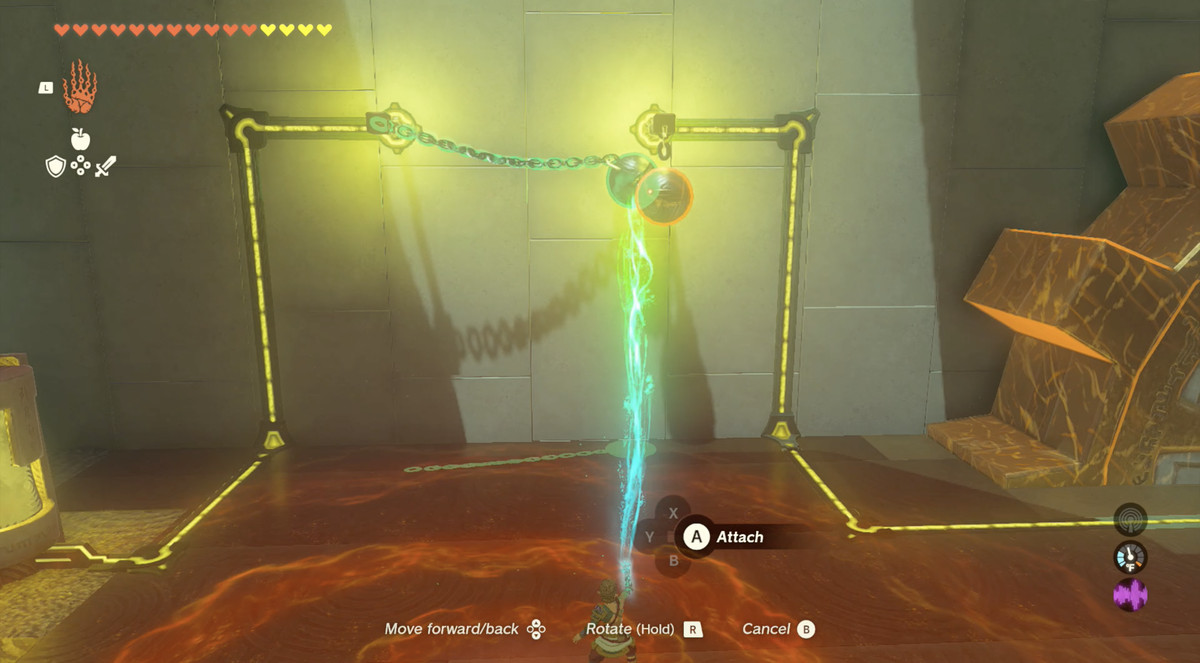 En bild visar ett pussel i The Legend of Zelda: Tears of the Kingdom.  Link använder Ultrahand för att limma en elektrifierad hängboll på en annan boll.