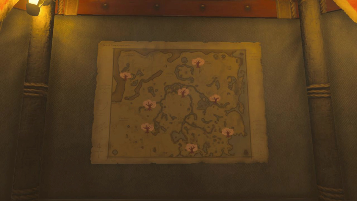En bild av en karta inuti spelet The Legend of Zelda: Tears of the Kingdom.  Den hänger på väggen i ett stall och visar platsen för körsbärsblommiga träd över Hyrule.