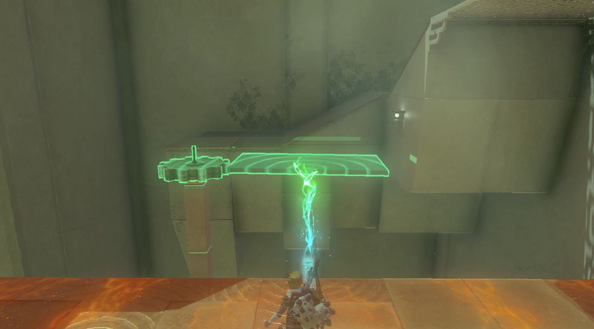 Kitawak Shrine genomgång i Zelda Tears of the Kingdom: Link fäster en stenplatta på en kugg