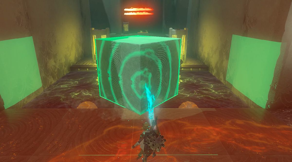 Link lyfter ett stenblock i Tadarok Shrine Fire and Water-utmaningen i Zelda: Tears of the Kingdom