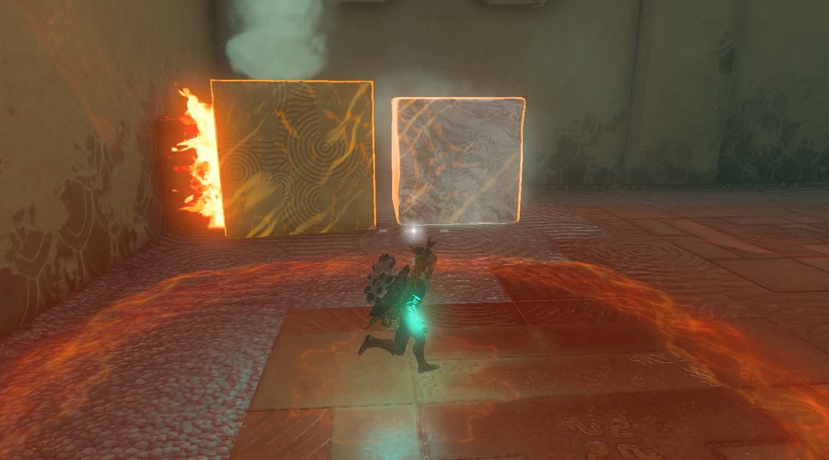 Link blockerar bränder med en stenkub för att rädda is i Tadarok Shrine Fire and Water-utmaningen i Zelda: Tears of the Kingdom