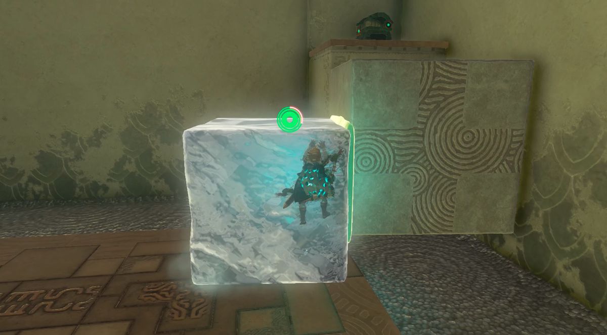 Link använder en isbit i Tadarok Shrine Fire and Water-utmaningen i Zelda: Tears of the Kingdom