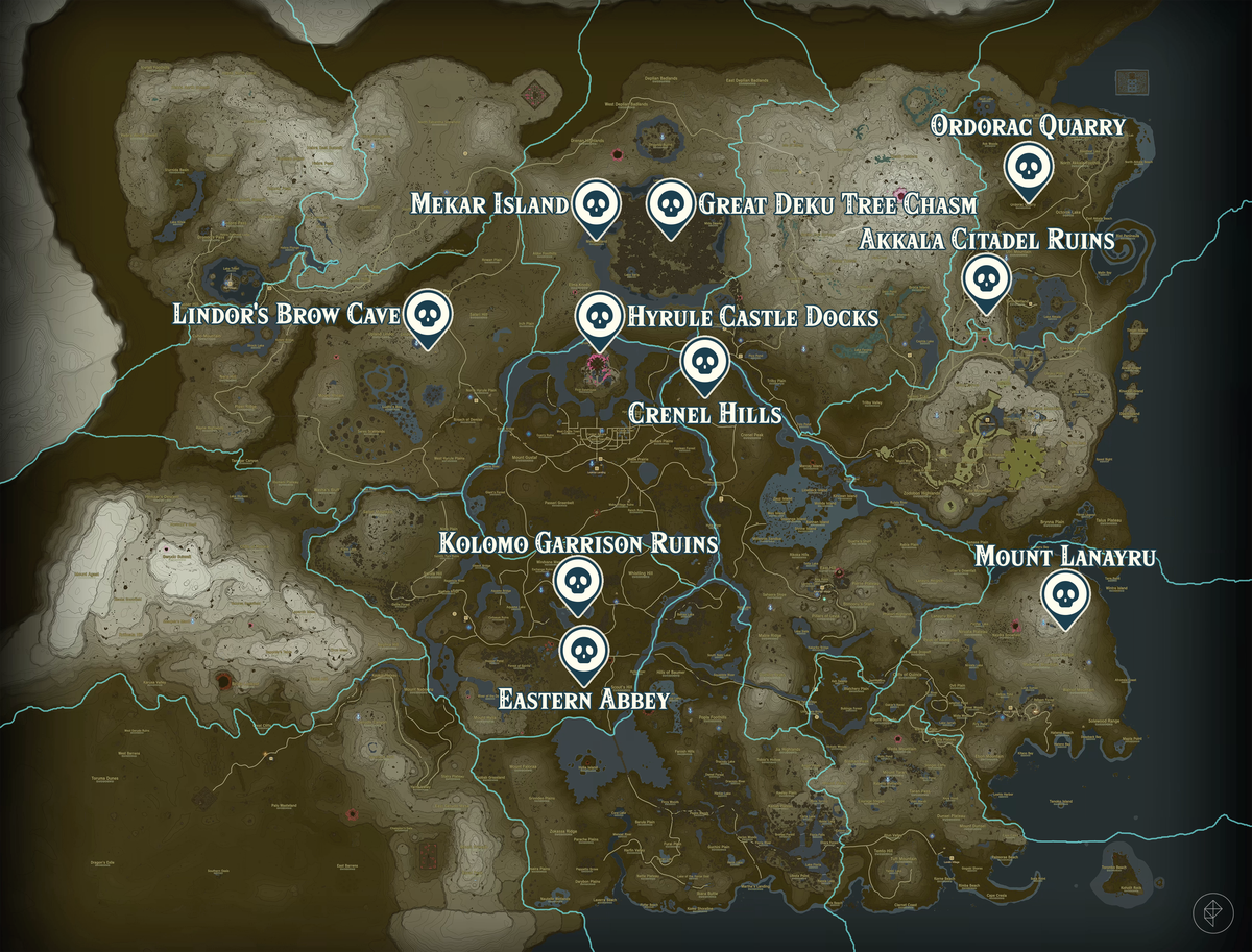En kommenterad karta visar Gloom Hands platser i The Legend of Zelda: Tears of the Kingdom.