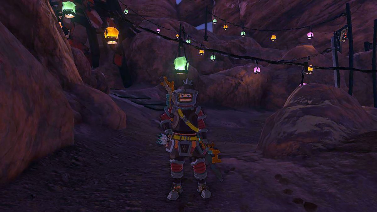Link wears the flamebreaker armor while standing under twinkle lights in Zelda Tears of the Kingdom.