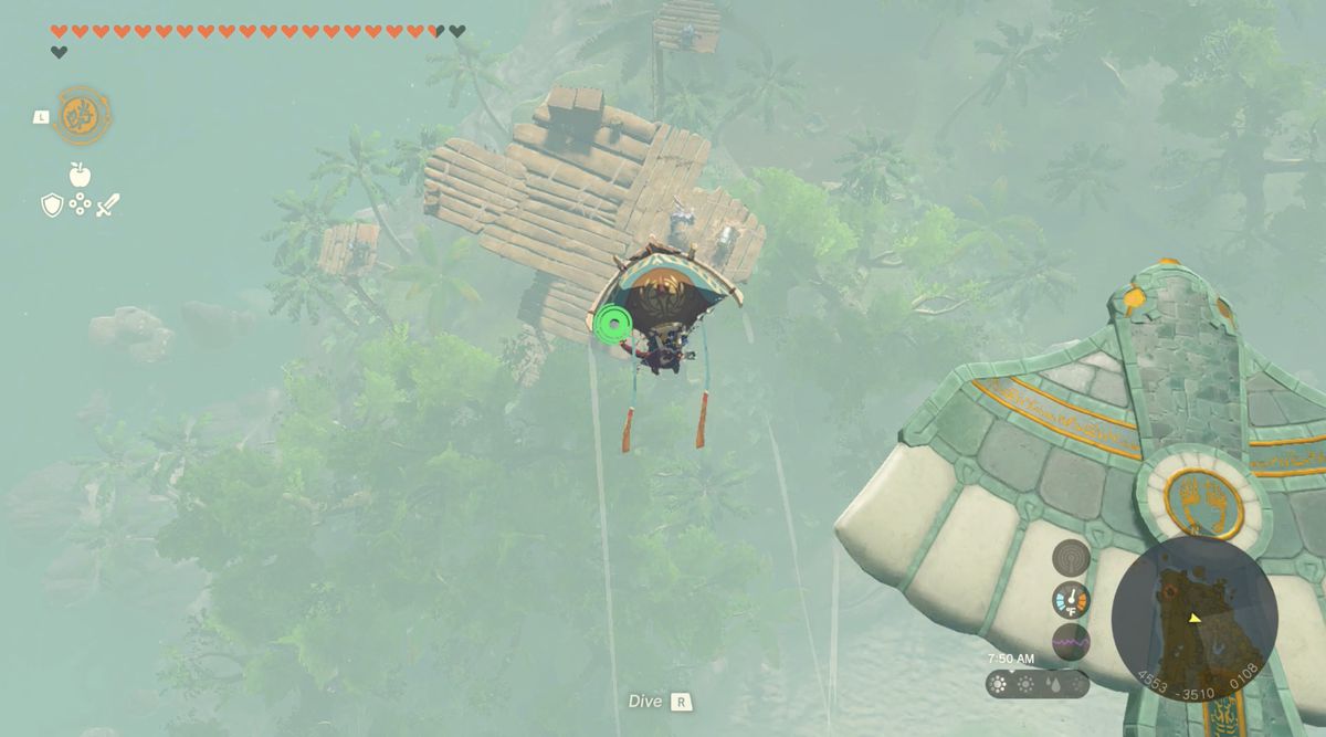 Link faller ner från en Zonai-vinge för att attackera i Zelda: Tears of the Kingdom