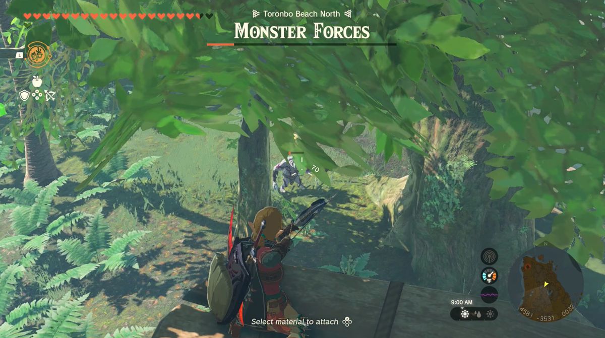 Link skjuter en Bokoblin genom träden i Zelda: Tears of the Kingdom