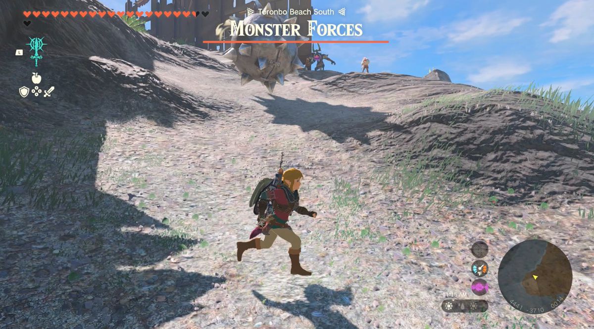 Link springer från en spikboll i Zelda: Tears of the Kingdom