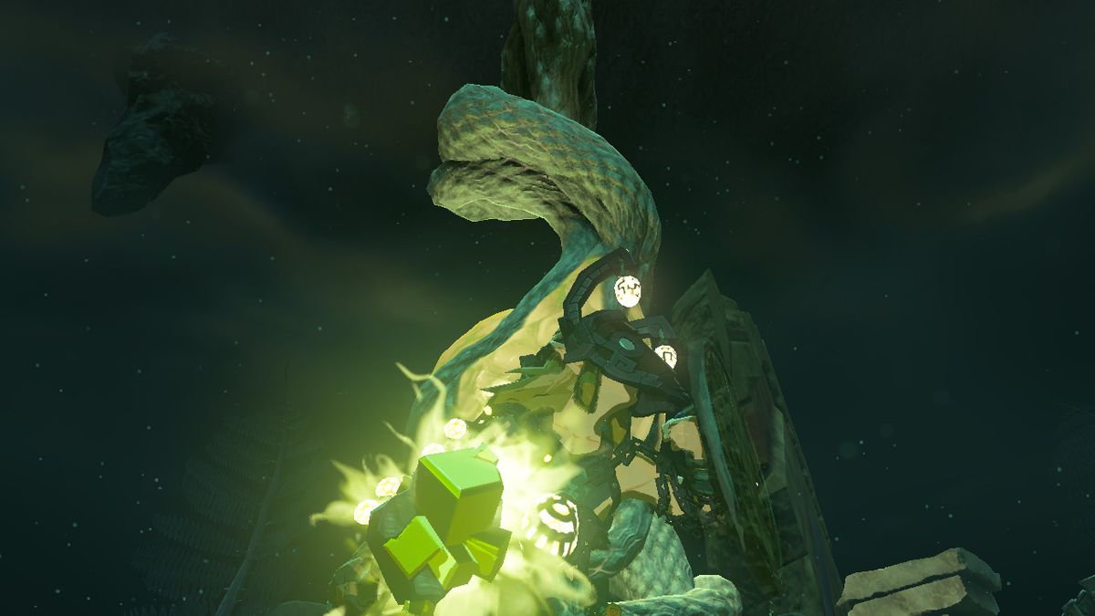 Link bär gruvarbetarens rustning i djupet och står på vakt med sin sköld och en Topaz Rod i Zelda: Tears of the Kingdom