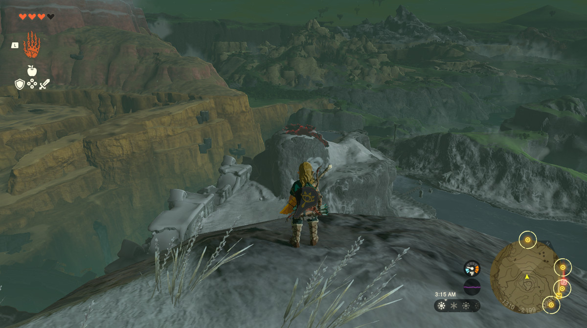 Link bestiger ett snöigt berg under A Call From the Depths in Zelda Tears of the Kingdom.