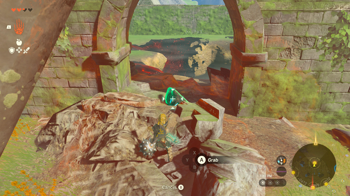 Link plockar upp ett stenblock i Zelda Tears of the Kingdom medan han arbetar med sidouppdraget Call From the Depths.