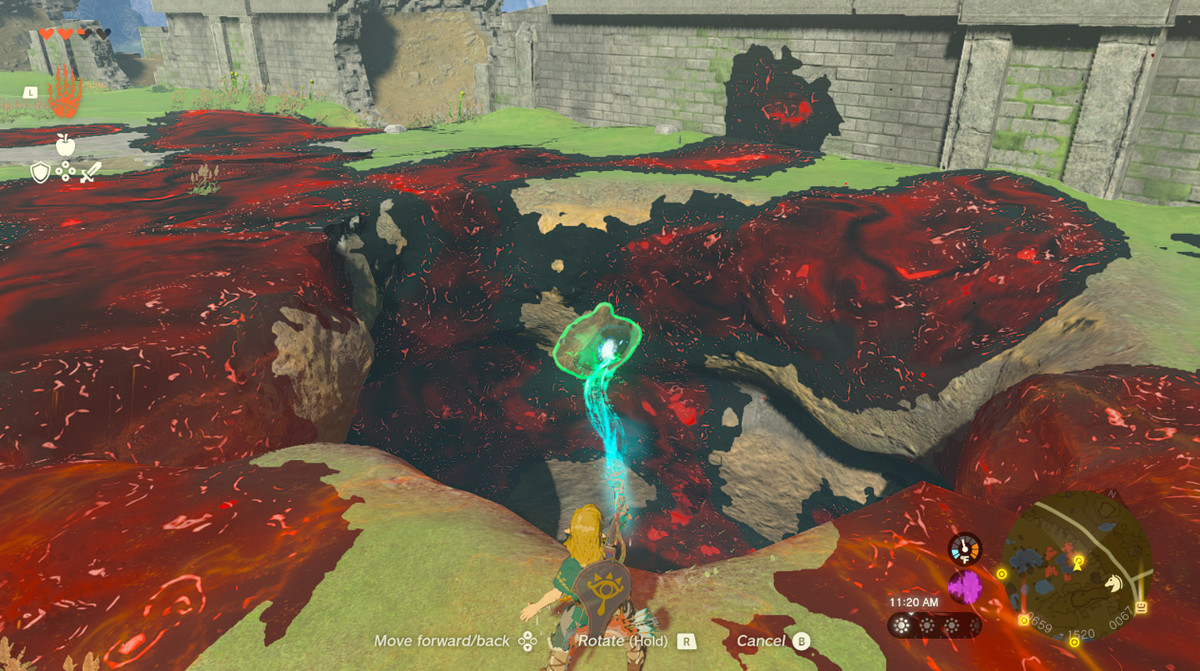 Link släpper ett gudinnans öga i en avgrund till djupet i Zelda Tears of the Kingdom.