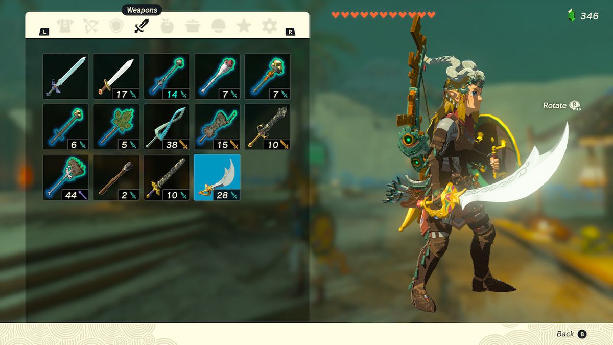 A screenshot of the weapons inventory in Zelda: Tears of the Kingdom, showcasing Link with the Scimitar of the Seven