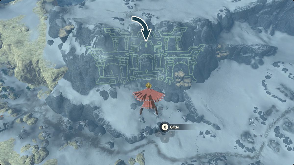 The Legend of Zelda: Tears of the Kingdom Link flying near the An Unfamiliar World geoglyph with the Tear of the Dragon location marked.