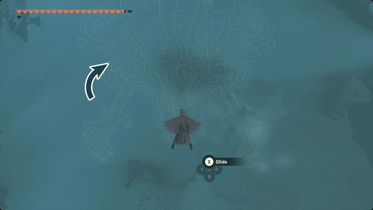 The Legend of Zelda: Tears of the Kingdom Link flying near the Birth of the Demon King geoglyph with the Tear of the Dragon location marked.