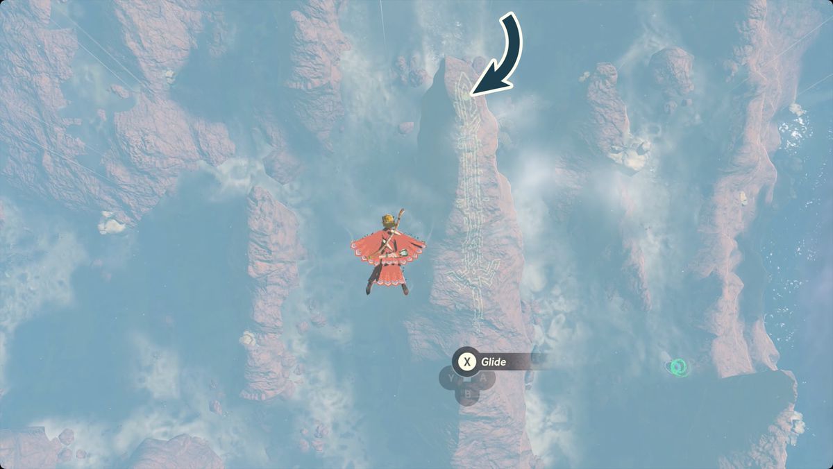 The Legend of Zelda: Tears of the Kingdom Link flying near the The Sages’ Vow geoglyph with the Tear of the Dragon location marked.