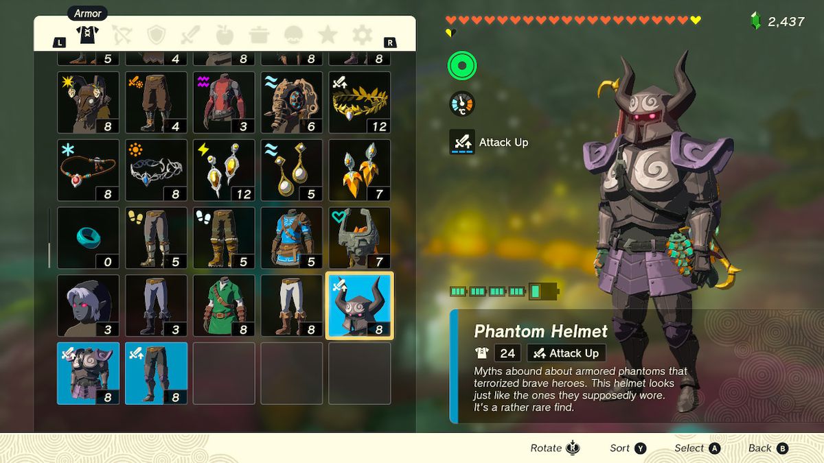 En meny visar att Link bär hela Phantom Armor-uppsättningen i Zelda Tears of the Kingdom.