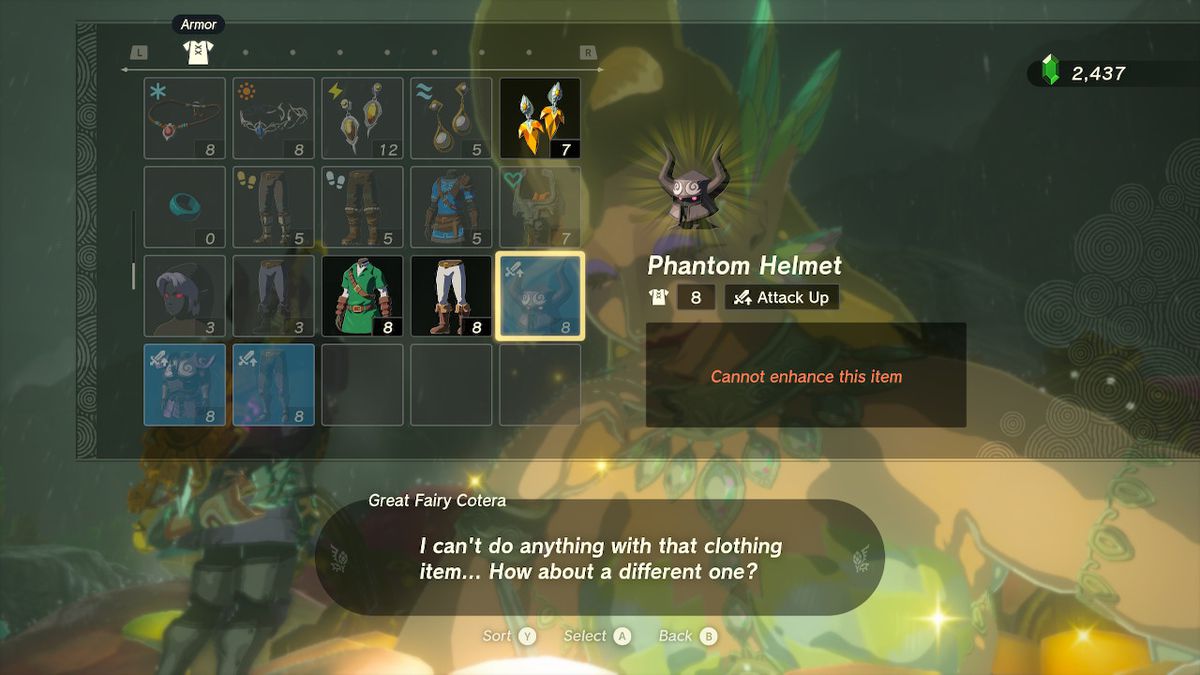 Link försöker och misslyckas med att förbättra Phantom Helmet i Zelda Tears of the Kingdom.