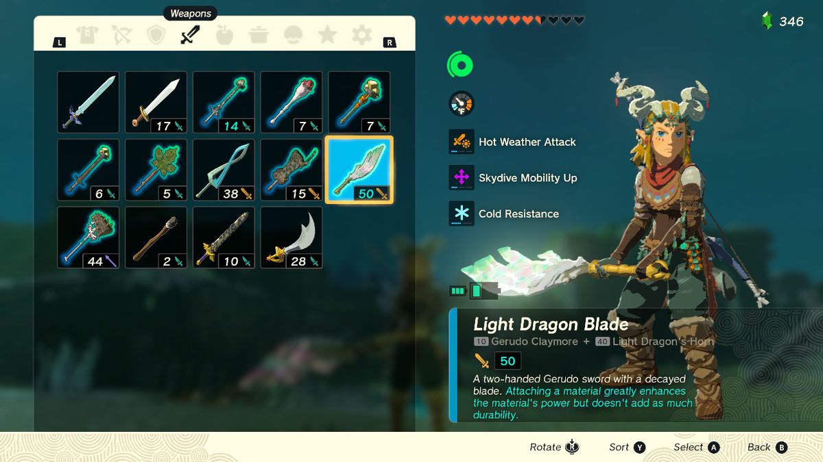En skärmdump av vapeninventeringsskärmen i Zelda: Tears of the Kingdom, som visar Link with a Light Dragon Blade efter att ha använt kombinera ett vapen med ett drakhorn