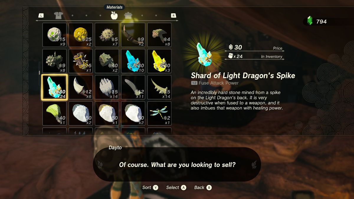 En köpmansskärm som framhäver Shard of Light Dragon's Spike i Zelda: Tears of the Kingdom