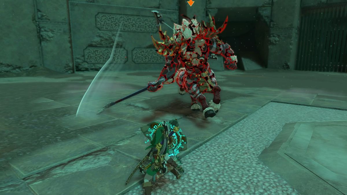 Link facing off against a White-Maned Lynel during the boss rush at the Floating Coliseum, which is located in the Depths in The Legend of Zelda: Tears of the Kingdom.