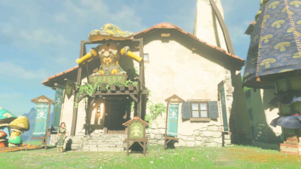 Ett hus med massor av svampdekorationer i Zelda: Tears of the Kingdom