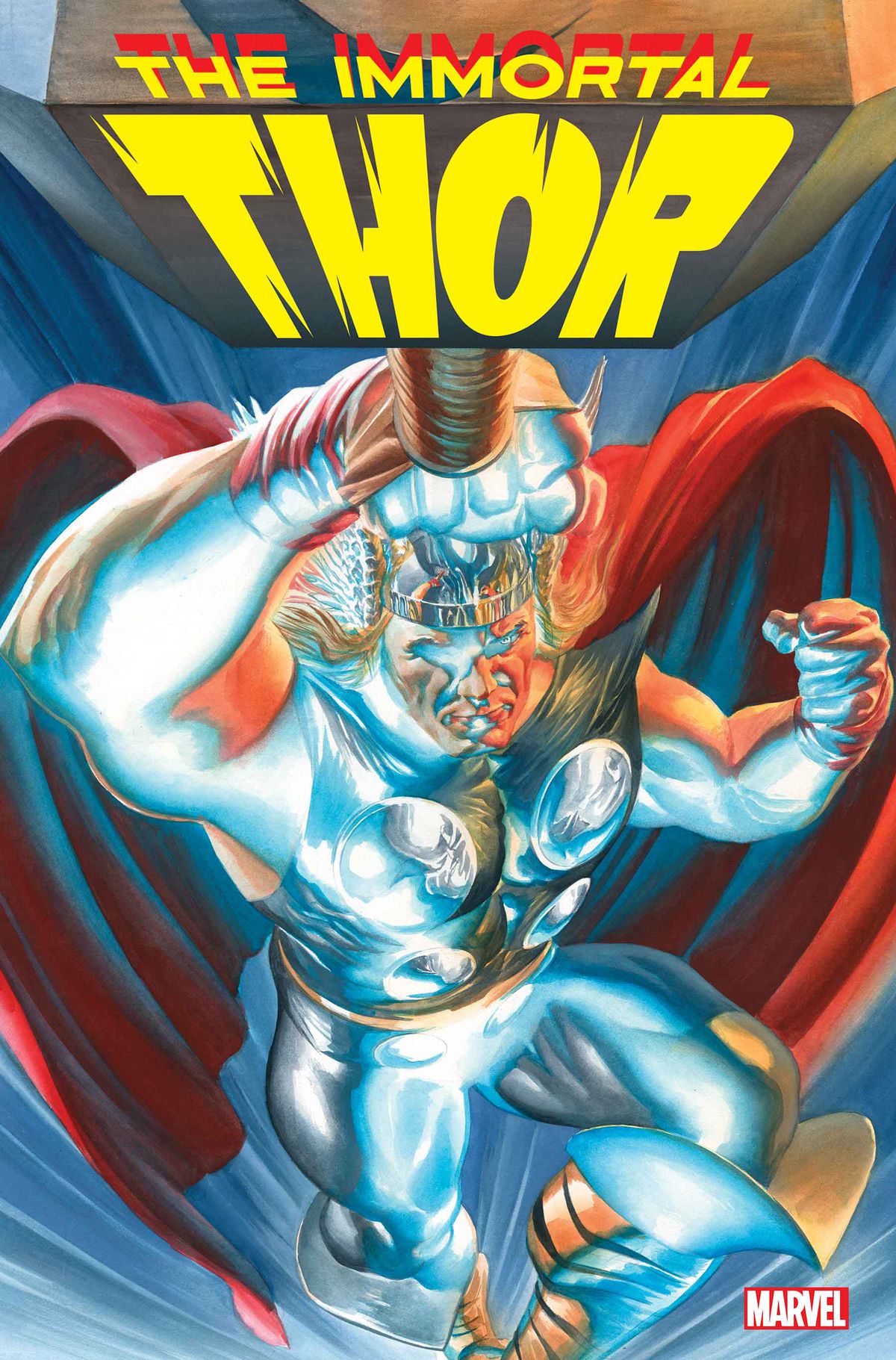 Thor flyger genom himlen, hans makt hamrar i handen, tänd med ett häftigt ljus på omslaget till Immortal Thor #1 (2023). 