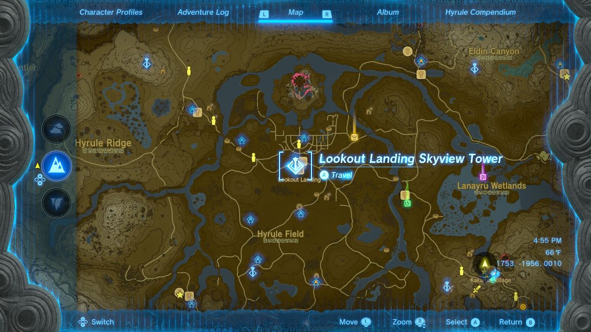 A location screen of the Lookout Landing Skyview Tower in Zelda: Tears of the Kingdom