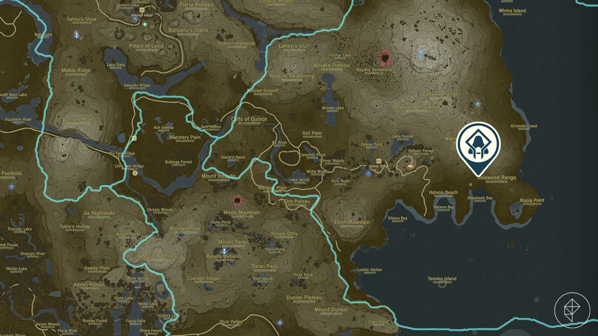 En karta visar platsen för Anedamimik Shrine i The Legend of Zelda: Tears of the Kingdom
