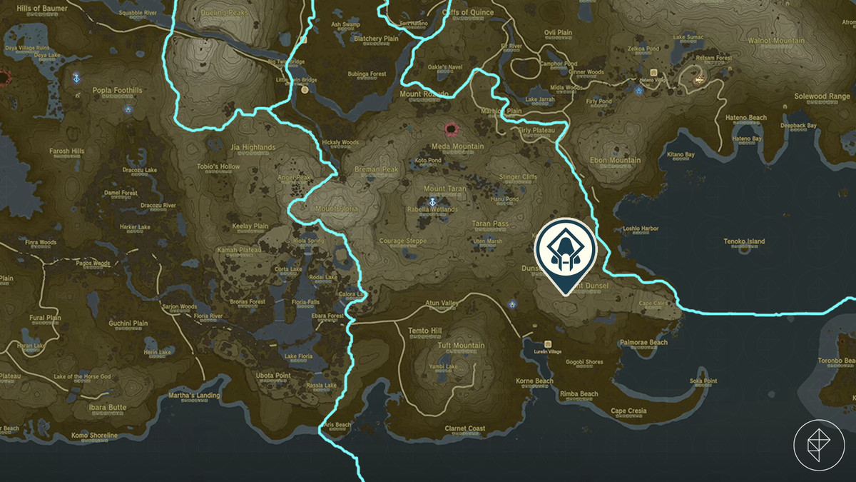 Bamitok-helgedomens läge på en karta över Hyrule från The Legend of Zelda: Tears of the Kingdom
