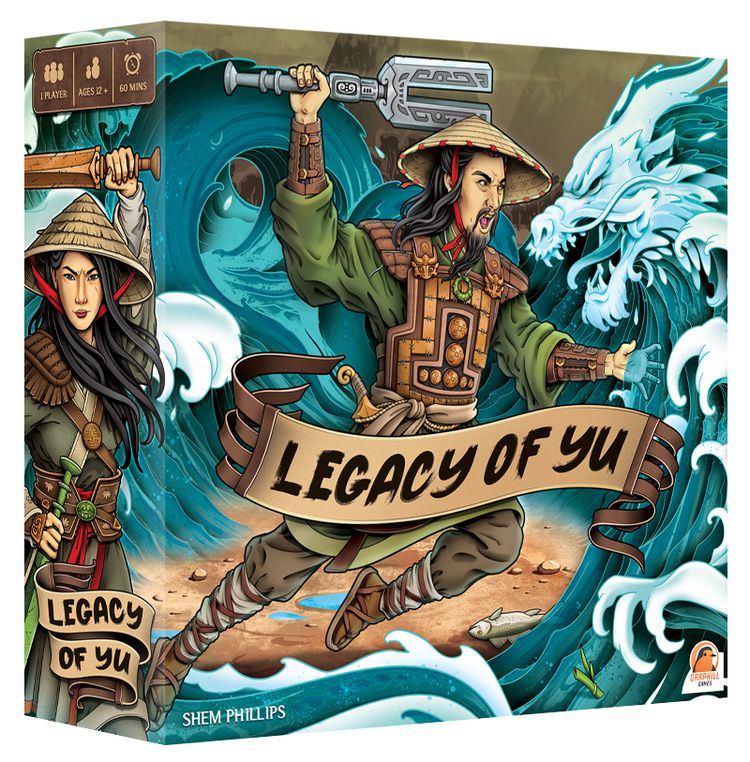 Omslagsbild för Legacy of Yu som visar en krigare med en vasshatt som använder ett u-format vapen när de attackerar en vattendrake.