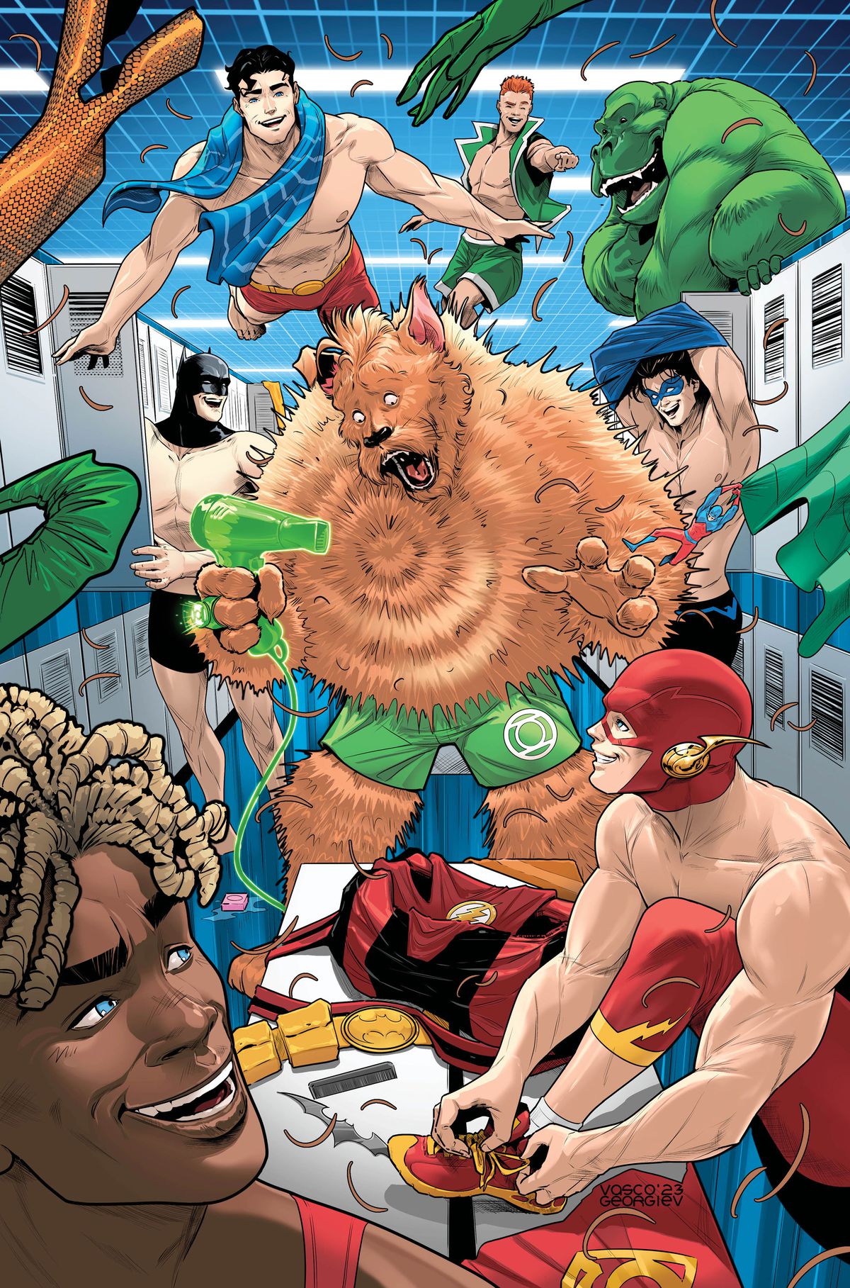 G'nort ser förvånad ut när han puffar ut sin päls med en hårtork i ett omklädningsrum fyllt av skrattande DC-superhjältar som sätter sig i sina simbyxor på omslaget till G'nort's Illustrated Swimsuit Edition (2023).