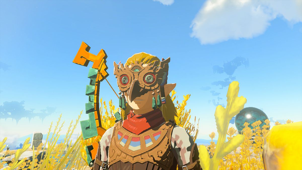 Link bär Glide Armor på toppen av en Sky Island i Zelda: Tears of the Kingdom