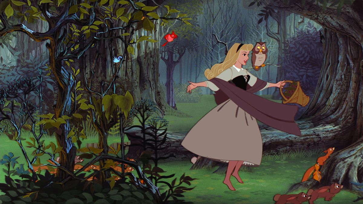 Aurora skips through the woods in stocking feet, alongside fluttering birds and scampering rabbits and squirrels, in Disney’s Sleeping Beauty