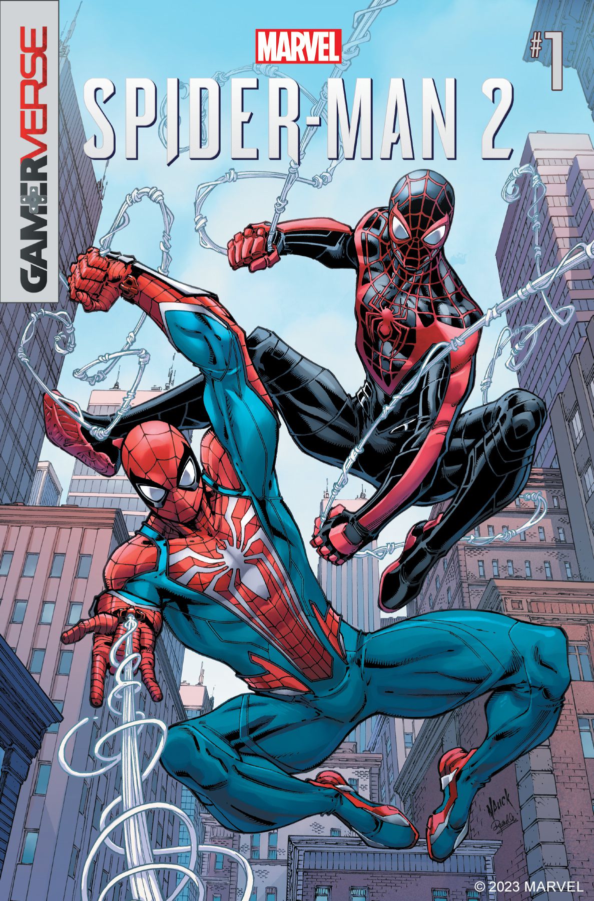 Spider-Man (Peter Parker) och Spider-Man (Miles Morales) slingrar genom stadens gator på omslaget till Spider-Man 2 #1.