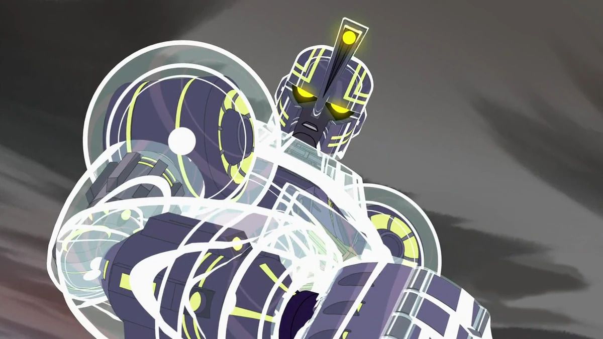 En gigantisk, genomskinlig mekarobot med gula symmetriska ledningar och blå komponenter i Sym-Bionic Titan.