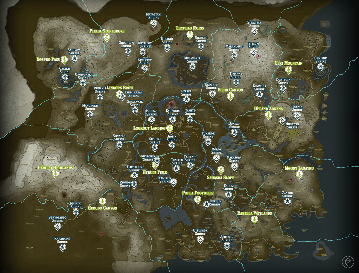 Zelda Tears of the Kingdom-karta över Surface-regionen med helgedomsplatser markerade