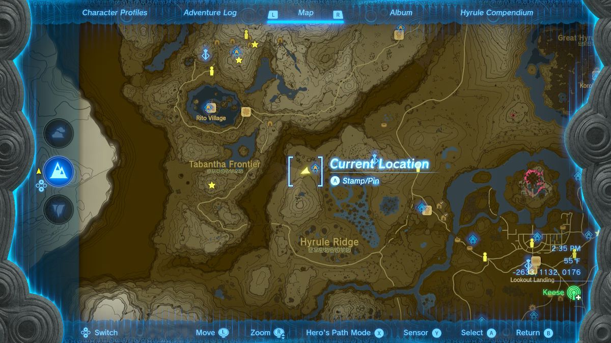 A screenshot of the map location of the Hyrule Ridge Chasm in Zelda: Tears of the Kingdom