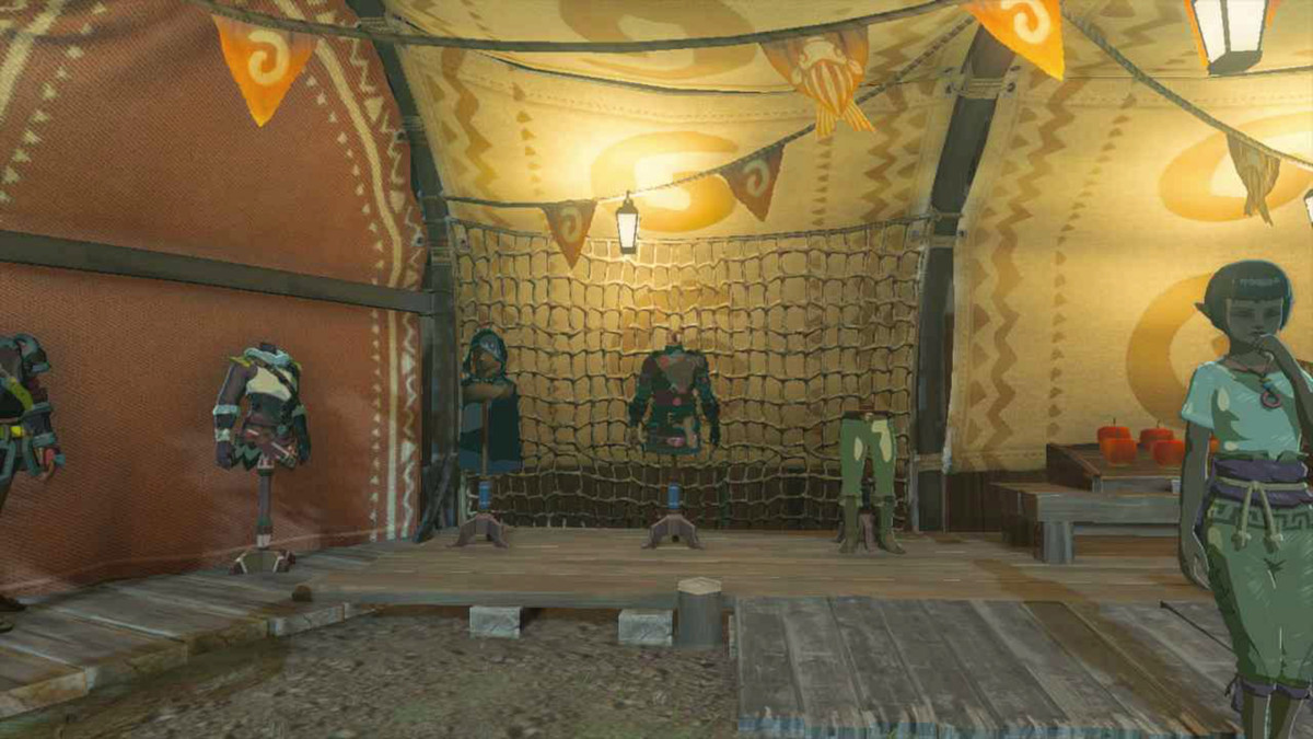 En bild av Hylian Armor i The Legend of Zelda: Tears of the Kingdom.  Kläderna sitter på skyltdockor i ett öppet torgstånd. 