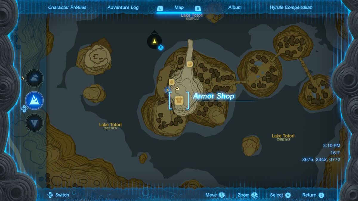 En karta visar platsen för Rito Village-butiken som säljer Snowquill Armor i Zelda Tears of the Kingdom.