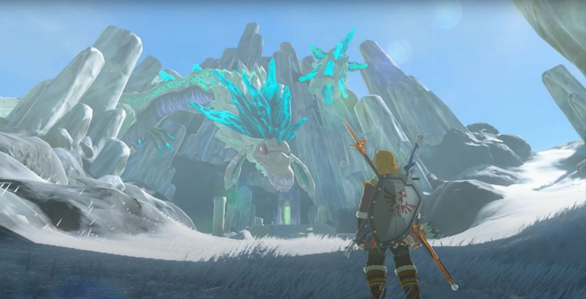 Link möter en drake precis innan hans inträde till Vishetens vår i Breath of the Wild