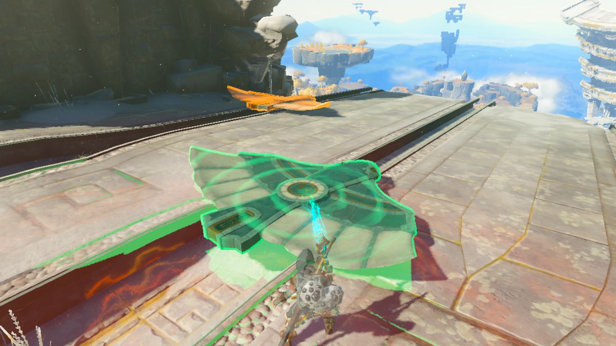 Link använder Ultrahand på en Zona-vinge i The Legend of Zelda: Tears of the Kingdom.