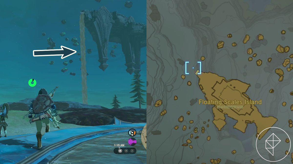 The Legend of Zelda: Tears of the Kingdom delad bild som visar platsen för Floating Scales Island-vattenfallet och en karta som visar vattenfallets plats.