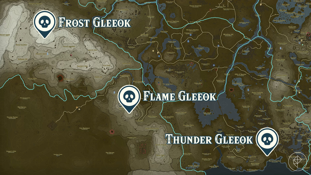 En karta visar platserna för flame gleeok, frost gleeok och thunder gleeok i Zelda Tears of the Kingdom.