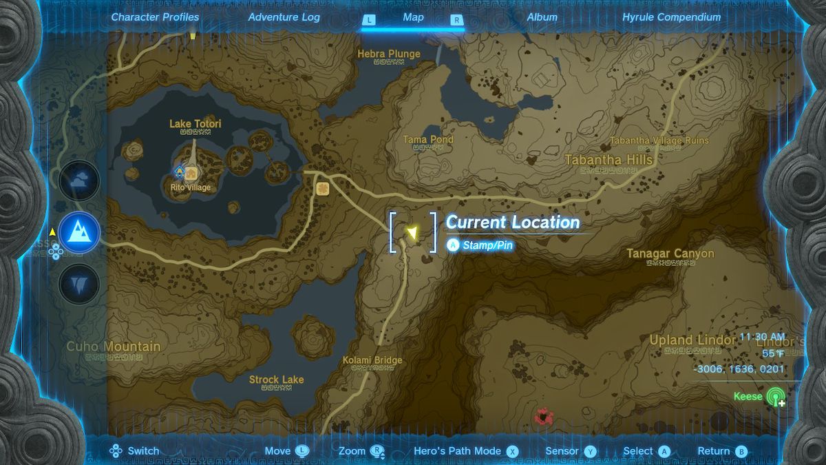 En skärmdump av kartan som visar Brightcap Cave i Zelda: Tears of the Kingdom