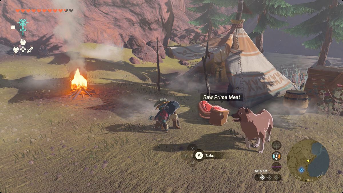 The Legend of Zelda: Tears of the Kingdom Link matar en hund på en camping nära Cephla Lake Cave