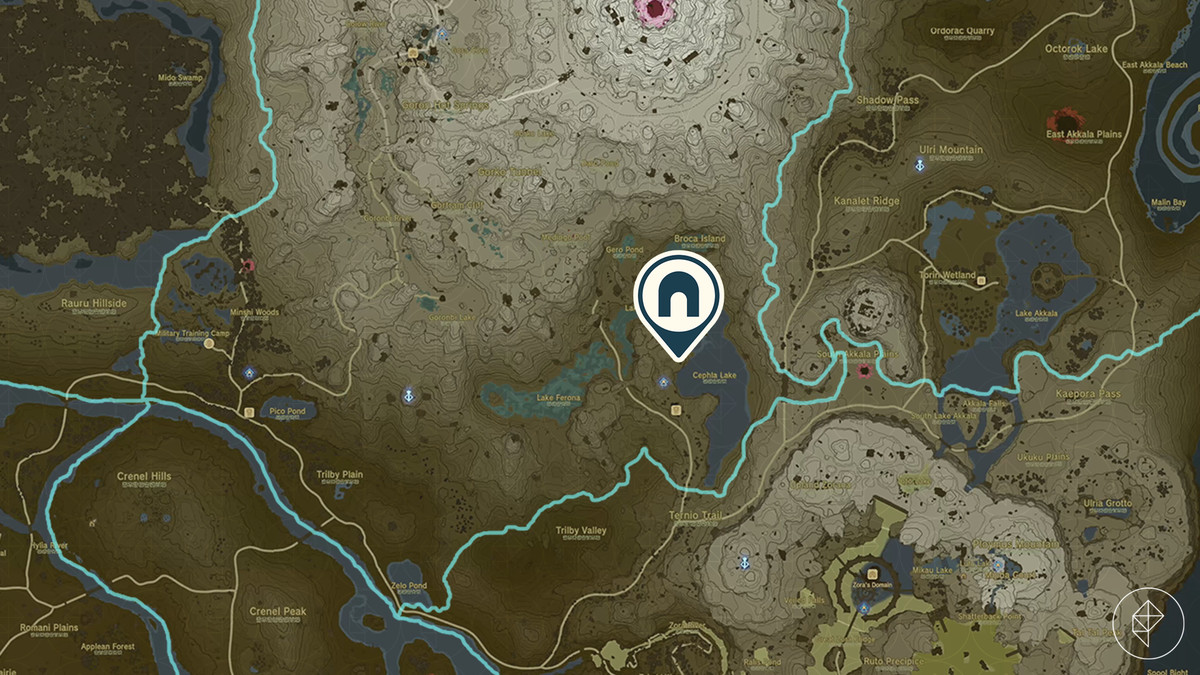The Legend of Zelda: Tears of the Kingdom-karta som visar platsen för Cephla Lake Cave.