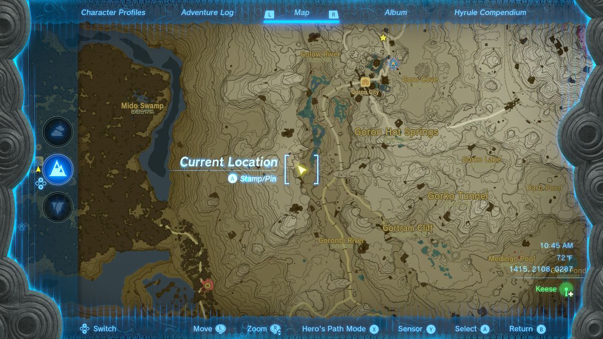 En skärmdump av kartplatsen för Goronbi River Cave i Zelda: Tears of the Kingdom