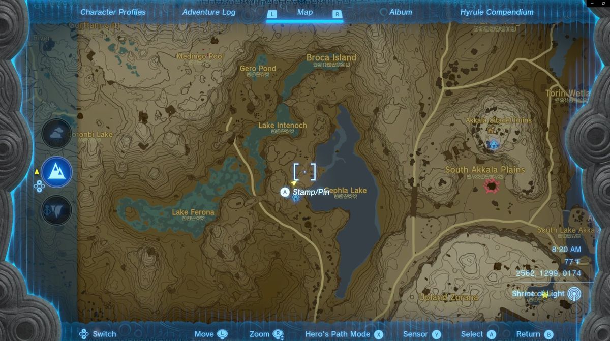 Platsen för Cephla Lake Cave, som startar Fierce Deity Armor-uppdraget i The Legend of Zelda: tears of the Kingdom