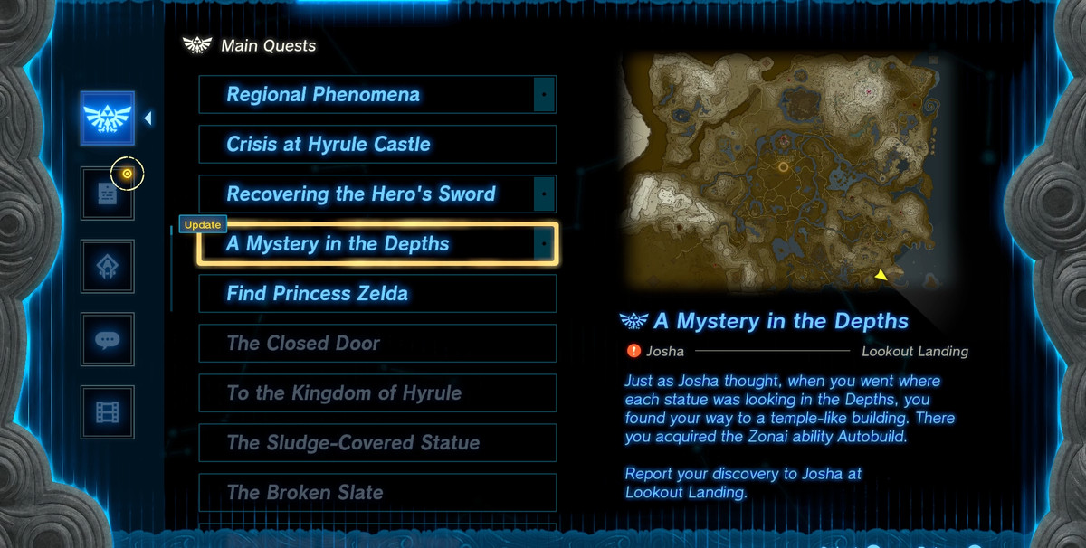 A Mystery in the Depths-uppdragslogg i Main Quests-menyn för Zelda: Tears of the Kingdom